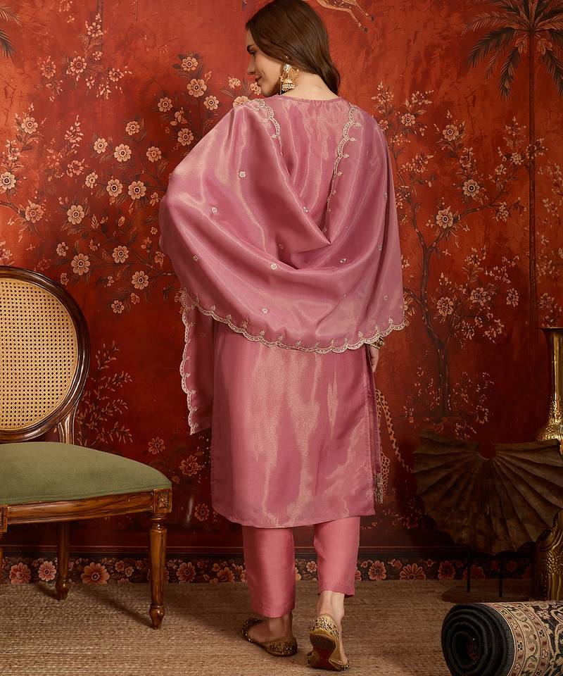 Pink color smart and ethnic silk fabric embroidered partywear suit