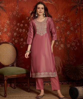 Pink color smart and ethnic silk fabric embroidered partywear suit 4