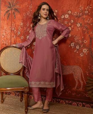 Pink color smart and ethnic silk fabric embroidered partywear suit 5