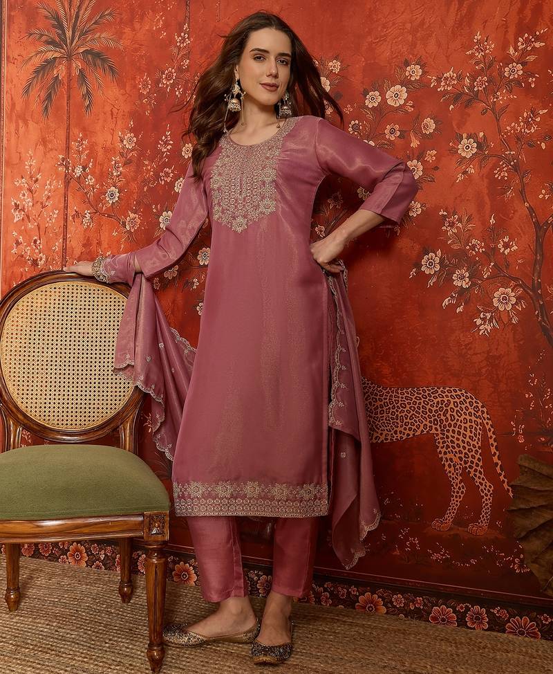 Pink color smart and ethnic silk fabric embroidered partywear suit