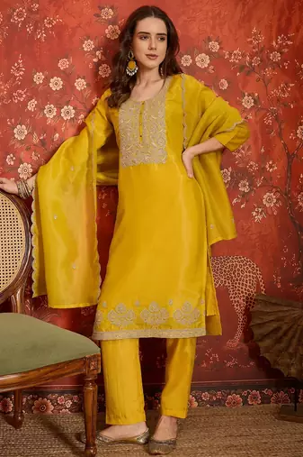 Yellow color smart and ethnic silk fabric embroidered partywear suit