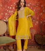 Yellow color smart and ethnic silk fabric embroidered partywear suit