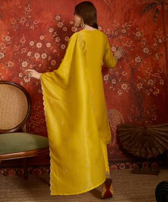 Yellow color smart and ethnic silk fabric embroidered partywear suit 2