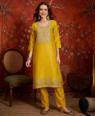 Yellow color smart and ethnic silk fabric embroidered partywear suit 4