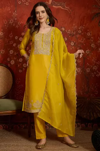 Yellow color smart and ethnic silk fabric embroidered partywear suit