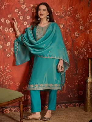 Firozi color smart and ethnic silk fabric embroidered partywear suit 1