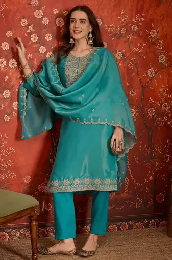 Firozi color smart and ethnic silk fabric embroidered partywear suit