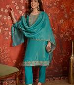 Firozi color smart and ethnic silk fabric embroidered partywear suit