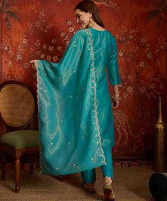 Firozi color smart and ethnic silk fabric embroidered partywear suit 2