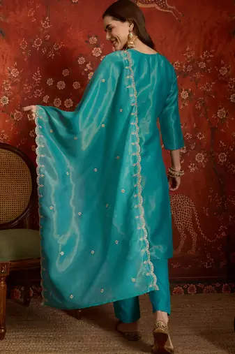 Firozi color smart and ethnic silk fabric embroidered partywear suit