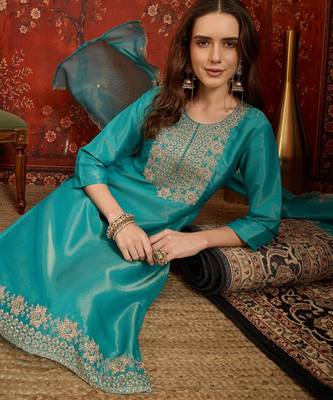 Firozi color smart and ethnic silk fabric embroidered partywear suit 3
