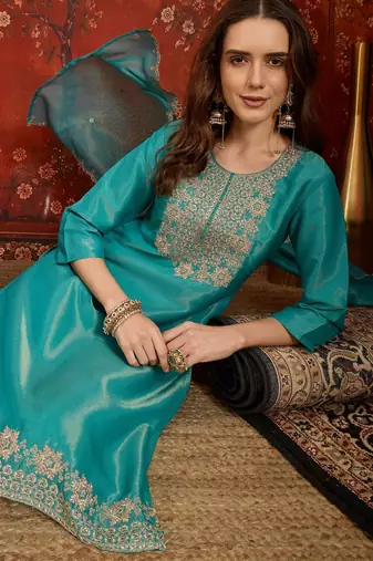 Firozi color smart and ethnic silk fabric embroidered partywear suit