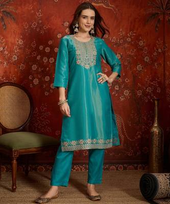 Firozi color smart and ethnic silk fabric embroidered partywear suit 4