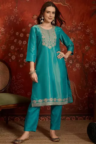 Firozi color smart and ethnic silk fabric embroidered partywear suit