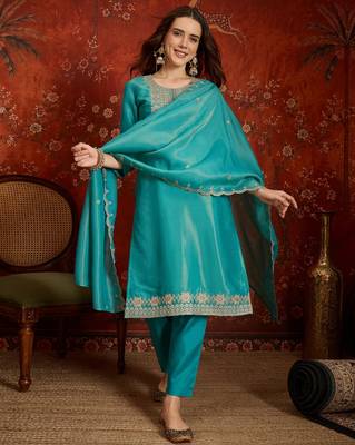 Firozi color smart and ethnic silk fabric embroidered partywear suit 5