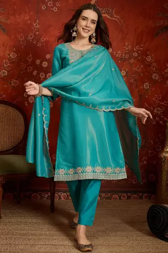 Firozi color smart and ethnic silk fabric embroidered partywear suit