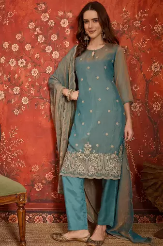 Blue color smart and ethnic silk fabric embroidered partywear suit