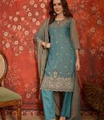 Blue color smart and ethnic silk fabric embroidered partywear suit