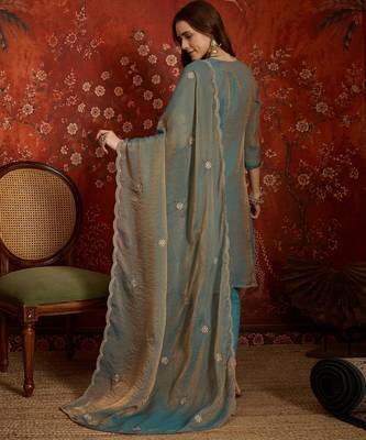 Blue color smart and ethnic silk fabric embroidered partywear suit 2