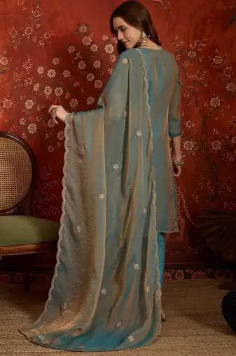 Blue color smart and ethnic silk fabric embroidered partywear suit