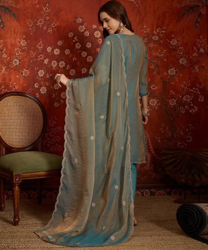 Blue color smart and ethnic silk fabric embroidered partywear suit