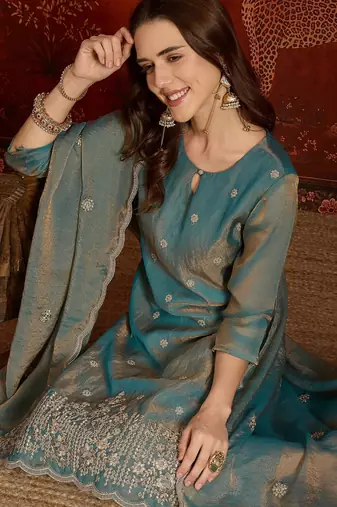 Blue color smart and ethnic silk fabric embroidered partywear suit