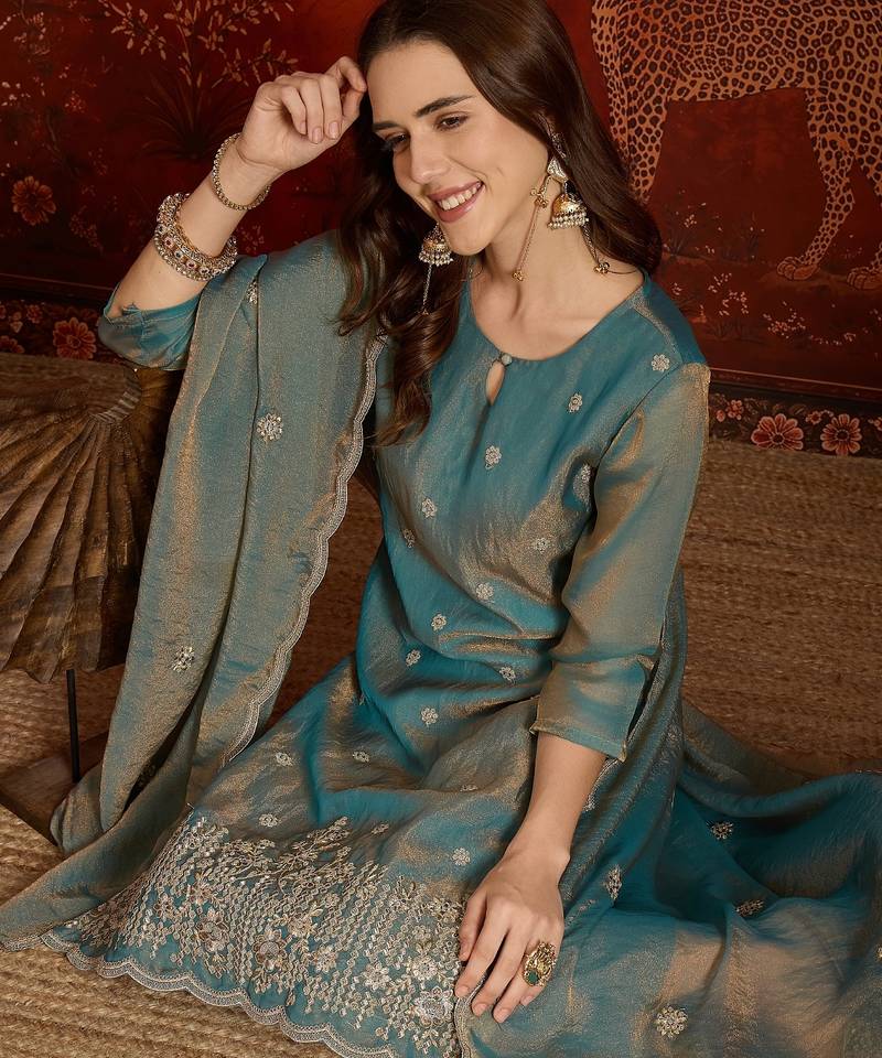 Blue color smart and ethnic silk fabric embroidered partywear suit
