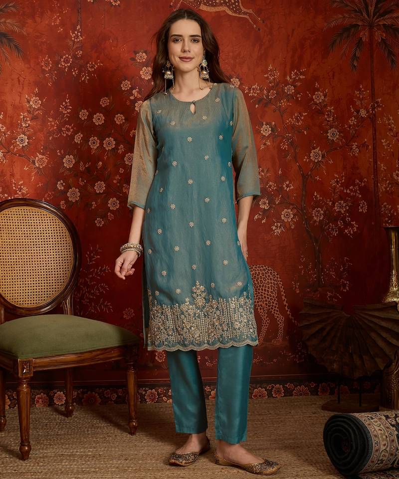 Blue color smart and ethnic silk fabric embroidered partywear suit