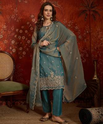 Blue color smart and ethnic silk fabric embroidered partywear suit 5