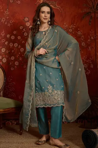 Blue color smart and ethnic silk fabric embroidered partywear suit