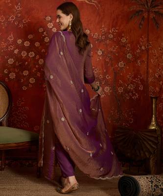 Purple color smart and ethnic silk fabric embroidered partywear suit 2