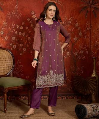 Purple color smart and ethnic silk fabric embroidered partywear suit 4