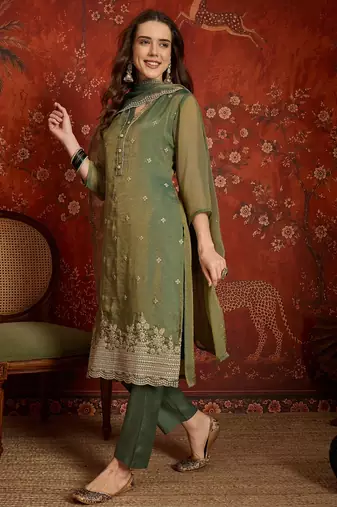 Green color smart and ethnic silk fabric embroidered partywear suit