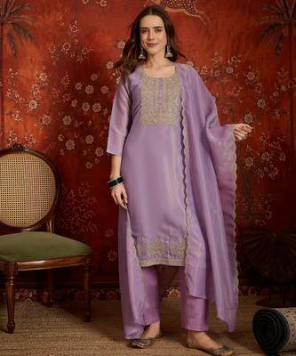 Purple color smart and ethnic silk fabric embroidered partywear suit 1