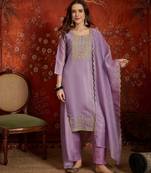 Purple color smart and ethnic silk fabric embroidered partywear suit