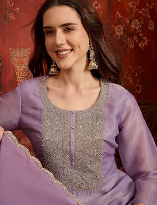 Purple color smart and ethnic silk fabric embroidered partywear suit 3