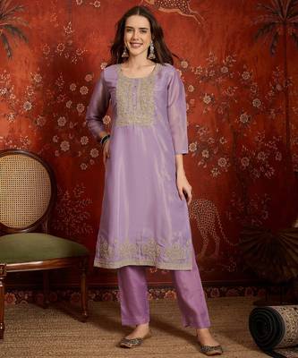 Purple color smart and ethnic silk fabric embroidered partywear suit 4