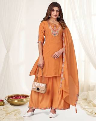 Rust color viscose roman silk readymade suit for ethnic rich looks 1