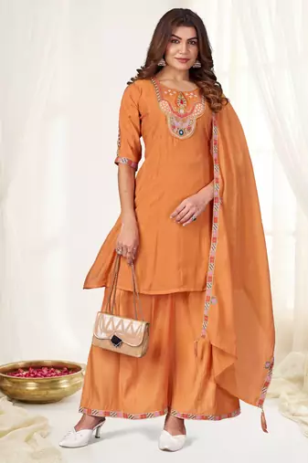 Rust color viscose roman silk readymade suit for ethnic rich looks