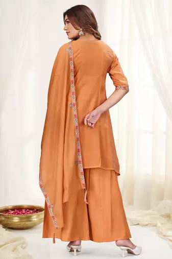 Rust color viscose roman silk readymade suit for ethnic rich looks