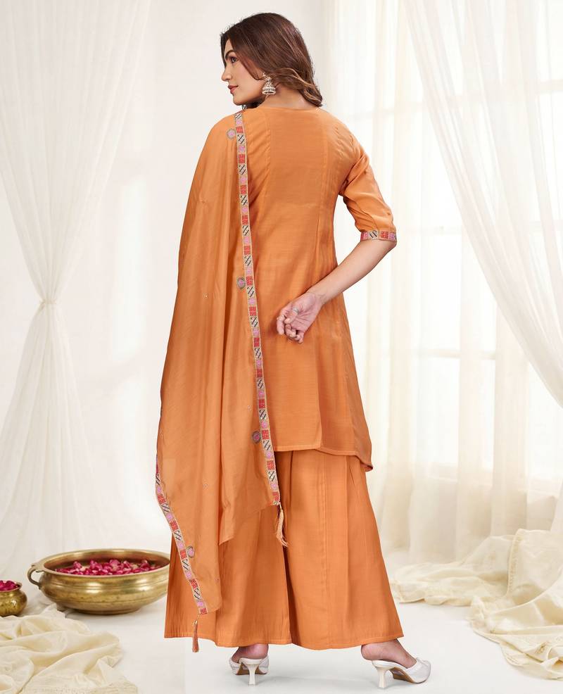 Rust color viscose roman silk readymade suit for ethnic rich looks