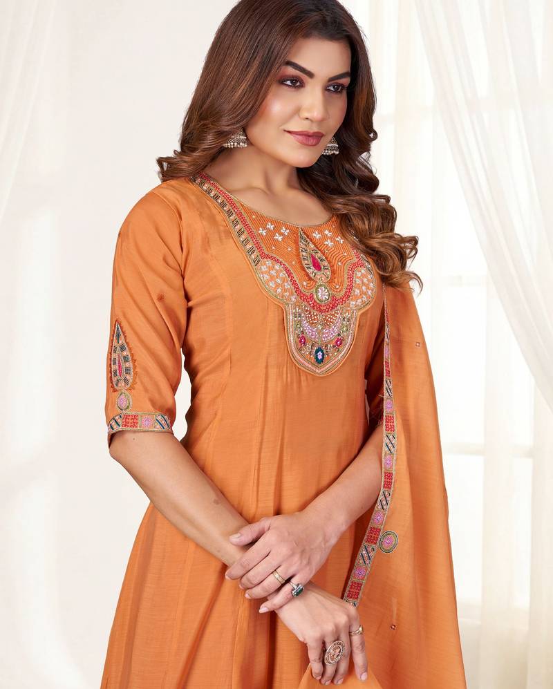 Rust color viscose roman silk readymade suit for ethnic rich looks
