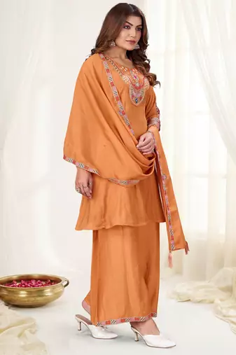 Rust color viscose roman silk readymade suit for ethnic rich looks