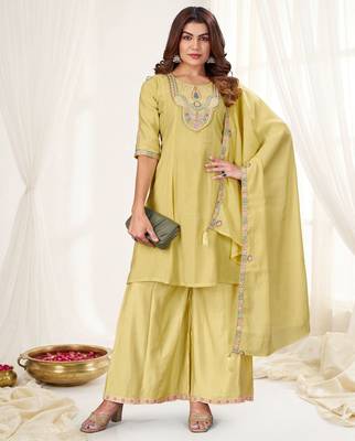 Cream color viscose roman silk readymade suit for ethnic rich looks 1