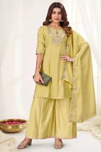 Cream color viscose roman silk readymade suit for ethnic rich looks