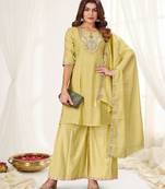 Cream color viscose roman silk readymade suit for ethnic rich looks