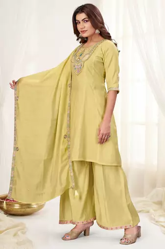 Cream color viscose roman silk readymade suit for ethnic rich looks