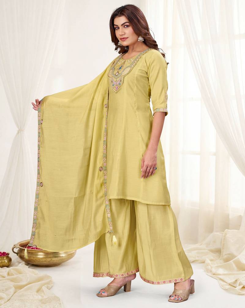 Cream color viscose roman silk readymade suit for ethnic rich looks