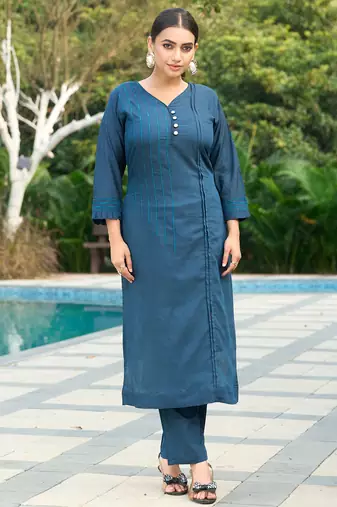 Blue color smart and elegant roman silk fabric smart looks top bottom set