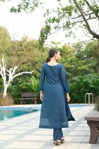 Blue color smart and elegant roman silk fabric smart looks top bottom set